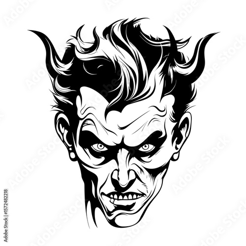 Portrait of devil in vector line art style. T-shirt template