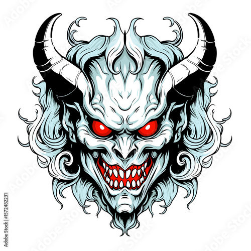 Portrait of devil in vector line art style. T-shirt template