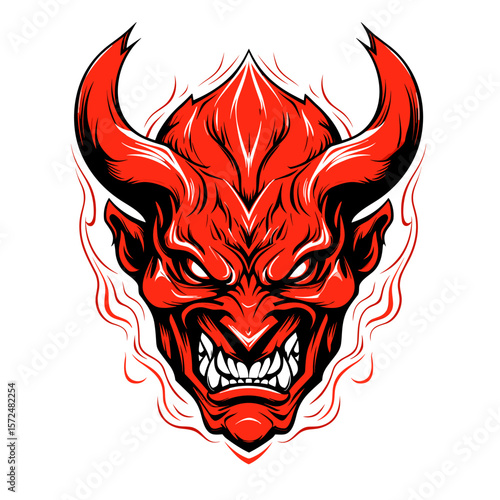 Portrait of devil in vector line art style. T-shirt template