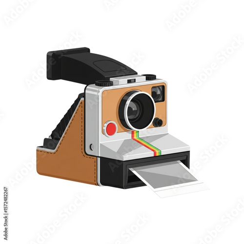 Illustration of a vintage instant camera with a photo being ejected, against a white background.
