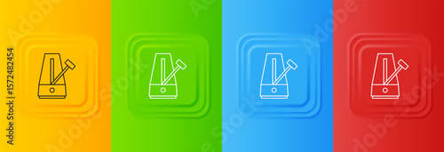 White Classic Metronome with pendulum in motion icon isolated on colorful background. Equipment of music and beat mechanism. Set icons in square buttons. Vector