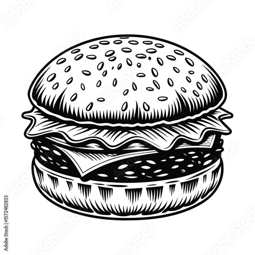 Layered hamburger with sesame seed bun cheeseburger