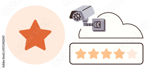 Surveillance camera overseeing rating system with five stars and orange highlight, conveying trust and monitoring. Ideal for customer feedback, security, quality control, reviews, surveillance, data