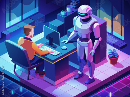 Isometric vector illustration of a human and robot
