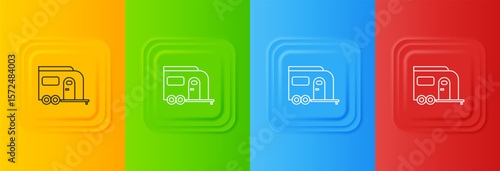 White Rv Camping trailer icon isolated on colorful background. Travel mobile home, caravan, home camper for travel. Set icons in square buttons. Vector