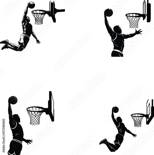 Basketball dunk silhouette set with jump and slam action poses, vector, illustration, line art.