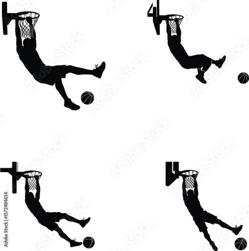 Basketball player dunk silhouette set with slam dunk action poses, vector, illustration, line art.