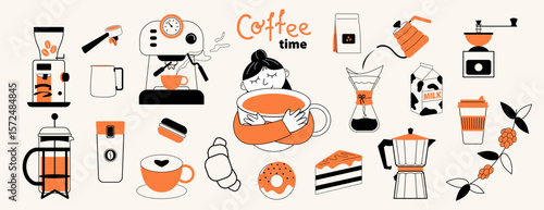 Illustrations of coffee icons for menu, kitchen, cafe, poster  design. Coffee mug. Coffee machine, drip coffee, kettle, grinder, french press, milk, cake. Vector minimalist art.