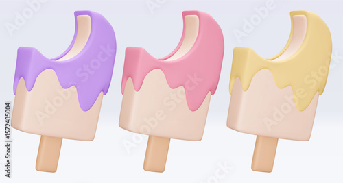 Set bitten Ice cream with chokolate glaze, icon, 3d render. Design elements. Realistic fast food icon. Sweet food. Vector illustration isolated on white for menu, shop, flyer, banner, web, adv, sale