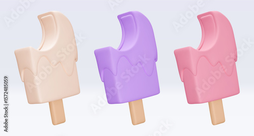 Set bitten Ice cream with chokolate glaze, icon, 3d render. Design elements. Realistic fast food icon. Sweet food. Vector illustration isolated on white for menu, shop, flyer, banner, web, adv, sale