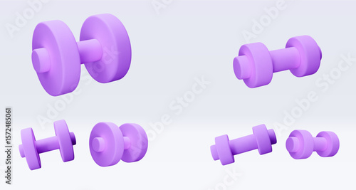 Set purple dumbbell Realistic icon, 3d render. Isolated on white backround. Sport And Fitness design set. Vector illustration for shop, flyer, banner, web, advertising, sale