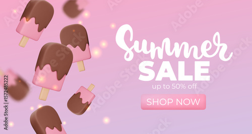 Banner with pink Ice cream on pink background, summer sale, up to 30%, 3d render. Design elements. Realistic sweet food poster. Vector illustration for menu, shop, flyer, web, adv, sale