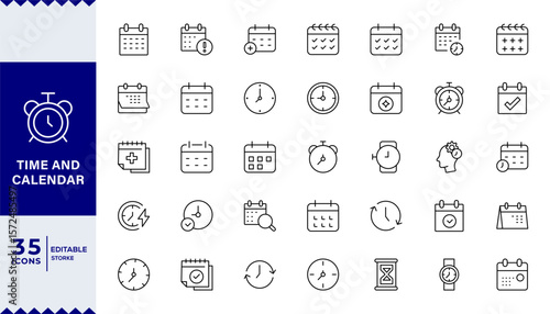 pixel perfect Time and calendar Line Editable Icons set. Vector illustration in modern thin line style of time management related icons: clock, stopwatch, timer, schedule, date