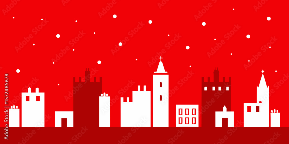 Fototapeta premium Christmas greeting card with Big Ben and London city skyline illustration at night under a snowy winter sky