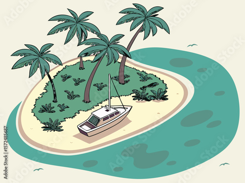 Vector of a tropical island with a private yacht
