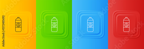 White Plastic canister for motor machine oil icon isolated on colorful background. Oil gallon. Oil change service and repair. Set icons in square buttons. Vector