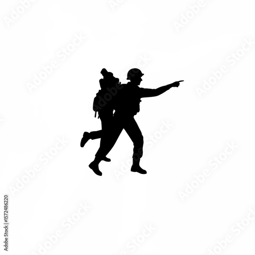 Silhouette of emergency responder pointing during rescue on white background