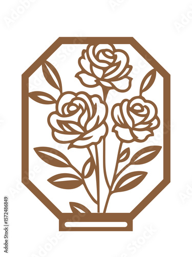 Macrame holder laser cut template with blooming flowers  in decorative floral octagon frame