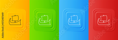 White Ancient Greek trireme icon isolated on colorful background. Set icons in square buttons. Vector