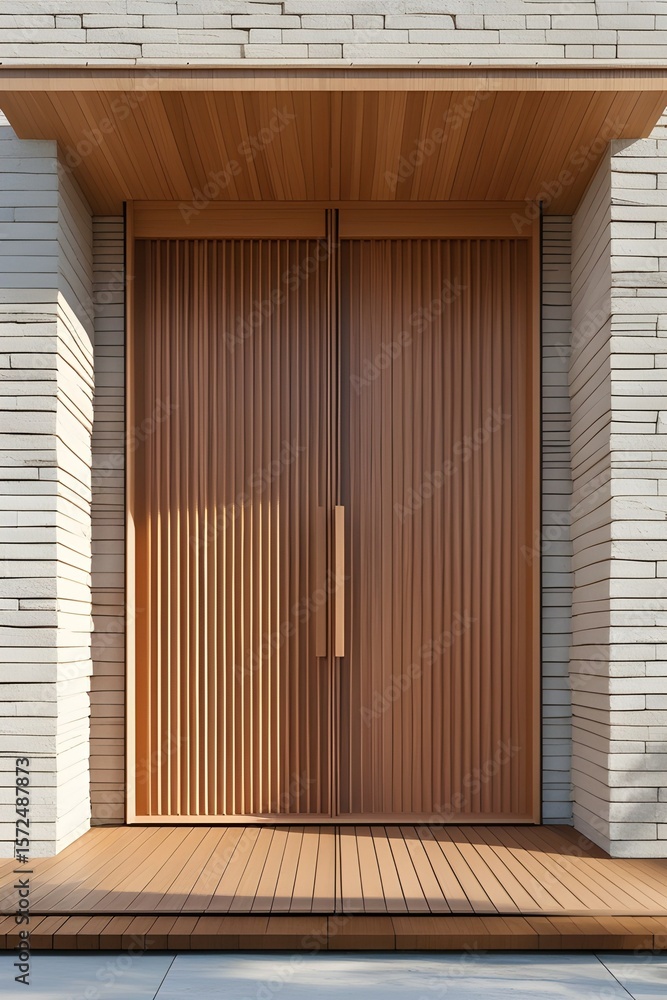 Fototapeta premium AI Generative. Modern Minimalist Wooden Slat Entrance Door. 6