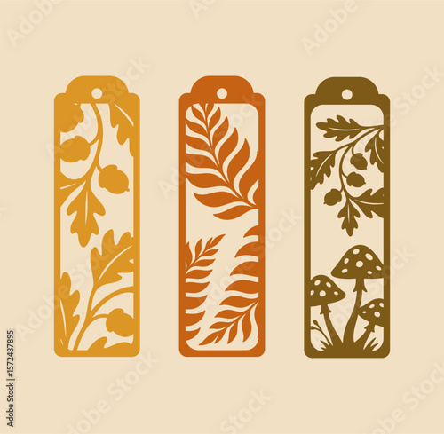 Autumn laser cut bookmarks with botanical leaves berries and mushroom elements