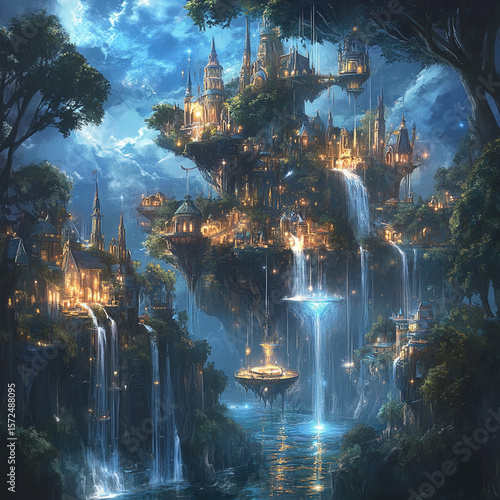 A magical kingdom with floating islands, sparkling waterfalls, and glowing trees
