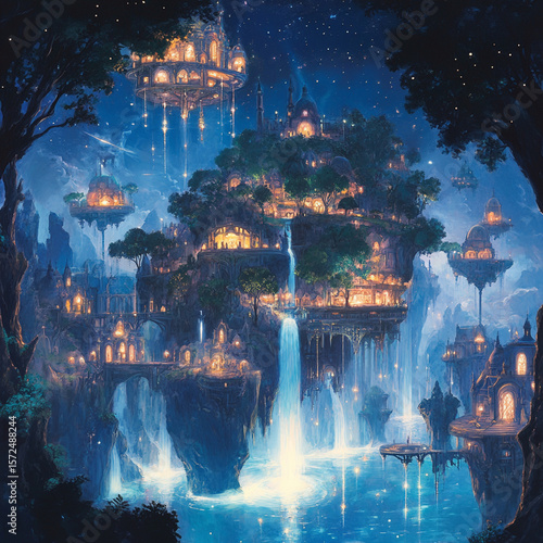 A magical kingdom with floating islands, sparkling waterfalls, and glowing trees