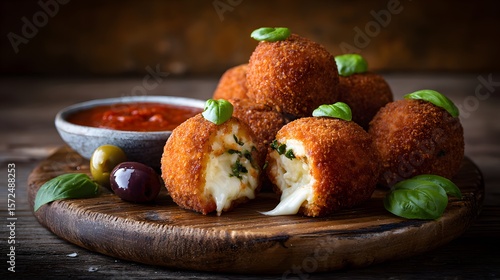 Italian arancini rice balls filled rag mozzarella plated marinara dipping sauce rustic wood platter styled basil and olives and set against a backdrop of a Sicilian market side angle warm food shot