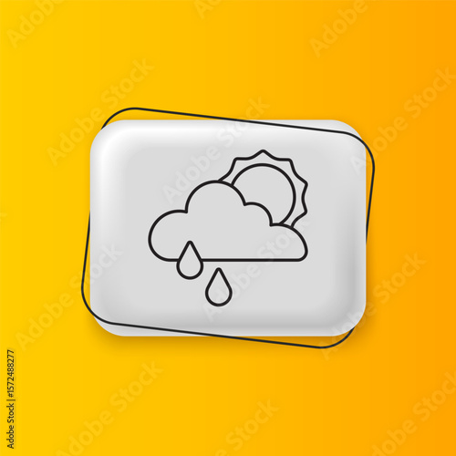 Black Cloud with rain and sun icon isolated on yellow background. Rain cloud precipitation with rain drops. Silver rectangle button. Vector