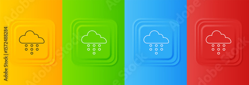 White Cloud with rain icon isolated on colorful background. Rain cloud precipitation with rain drops. Set icons in square buttons. Vector