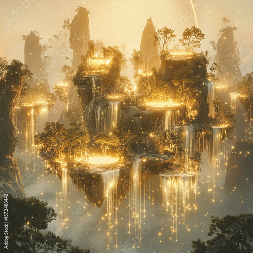 A magical kingdom with floating islands, sparkling waterfalls, and glowing trees