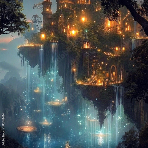 A magical kingdom with floating islands, sparkling waterfalls, and glowing trees
