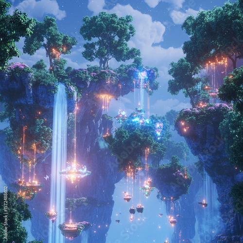 A magical kingdom with floating islands, sparkling waterfalls, and glowing trees
