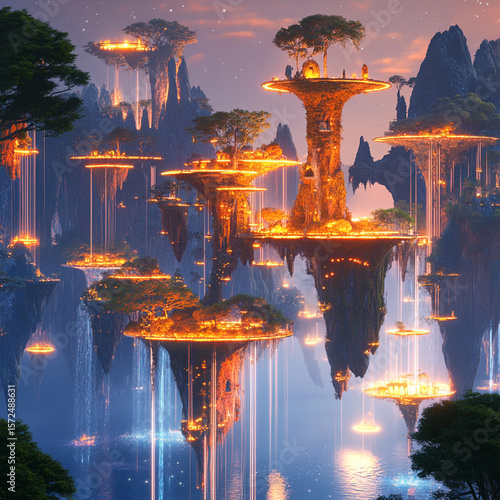 A magical kingdom with floating islands, sparkling waterfalls, and glowing trees
