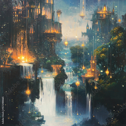 A magical kingdom with floating islands, sparkling waterfalls, and glowing trees