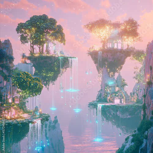 A magical kingdom with floating islands, sparkling waterfalls, and glowing trees