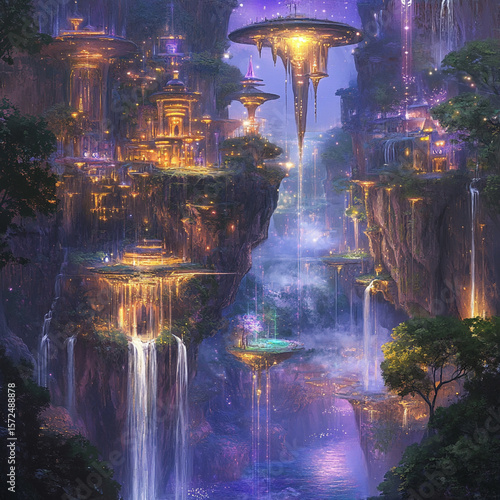 A magical kingdom with floating islands, sparkling waterfalls, and glowing trees