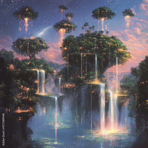 A magical kingdom with floating islands, sparkling waterfalls, and glowing trees