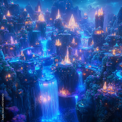 A magical kingdom with floating islands, sparkling waterfalls, and glowing trees