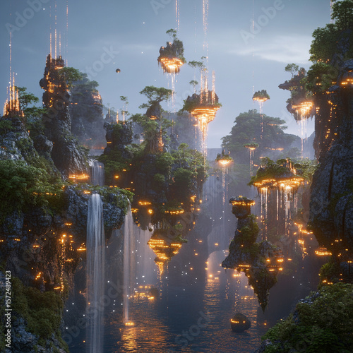 A magical kingdom with floating islands, sparkling waterfalls, and glowing trees