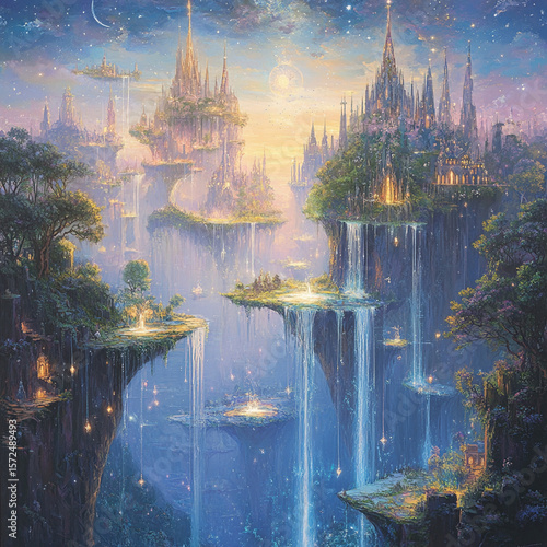 A magical kingdom with floating islands, sparkling waterfalls, and glowing trees