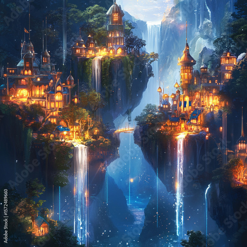 A magical kingdom with floating islands, sparkling waterfalls, and glowing trees