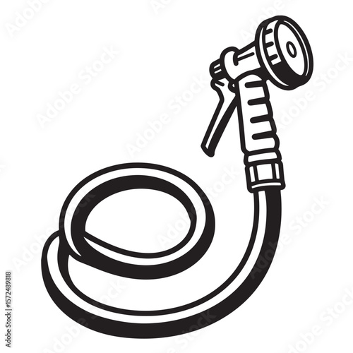 A black and white illustration of a garden hose and spray nozzle sprinkler tool