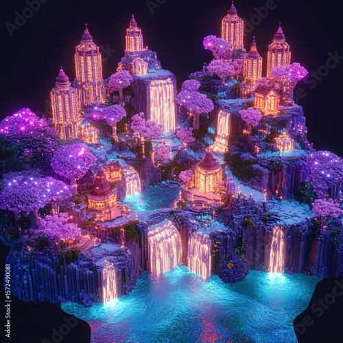 A magical kingdom with floating islands, sparkling waterfalls, and glowing trees