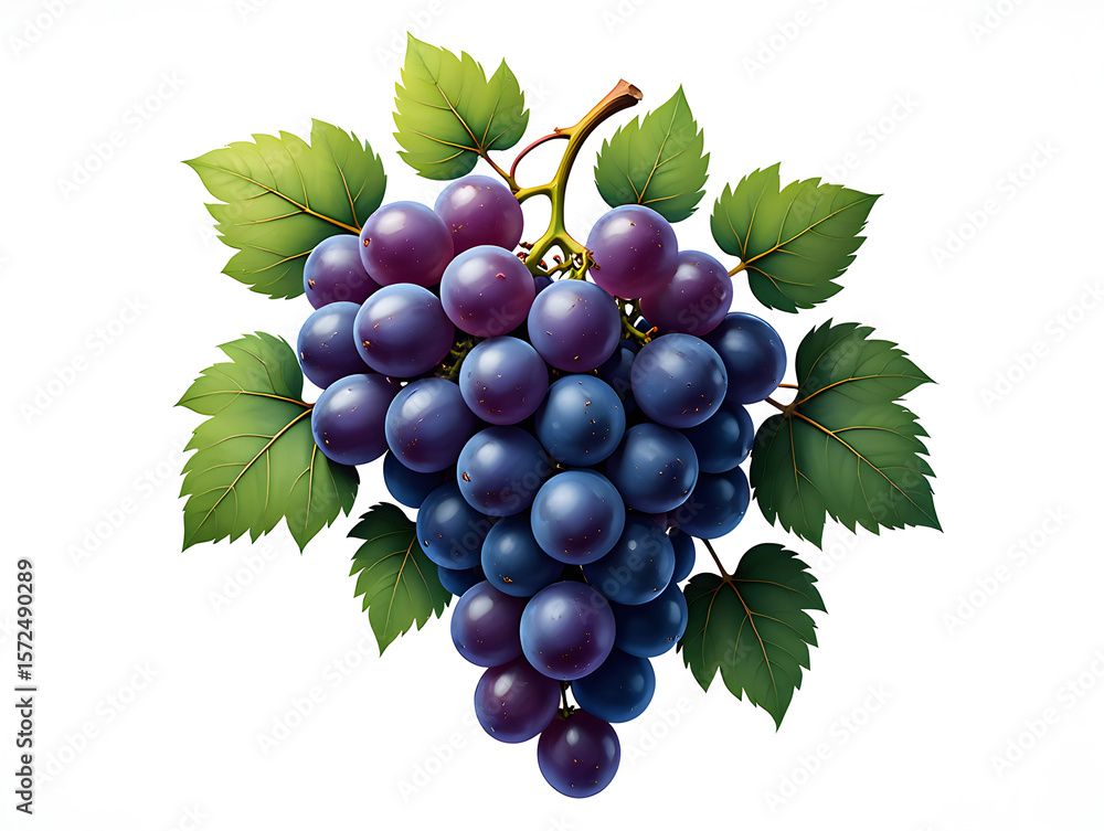 Fototapeta premium Realistic Illustration of a Lush Bunch of Dark Purple Grapes with Vibrant Green Leaves isolated on a transparent background