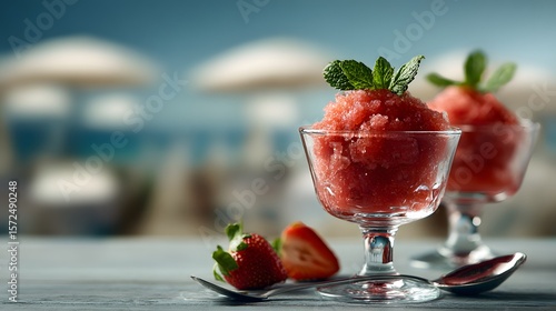 Fototapeta Naklejka Na Ścianę i Meble -  Italian strawberry granita dessert served elegant glassware mint garnish styled with summer fruits and a bright seaside background of a coastal caf under umbrellas refreshing cold food close up view