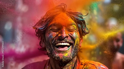 Portrait of Indian man at Holi color festival.
