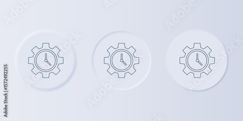 Grey Time Management icon isolated on grey background. Clock and gear sign. Productivity symbol. Set icons in square buttons. Vector