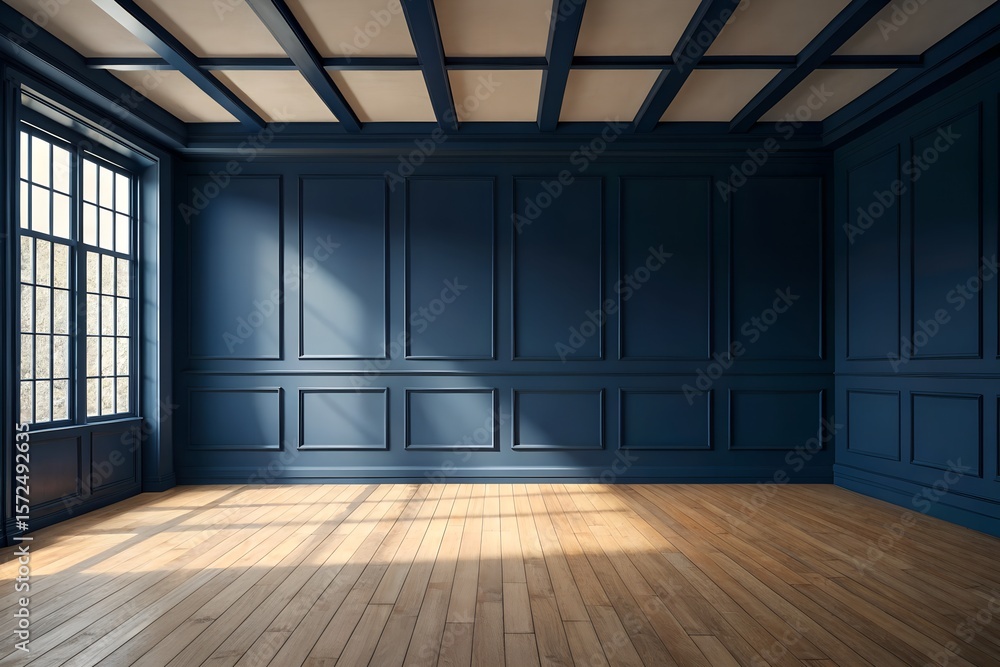 Fototapeta premium Dark blue wall, wooden floor, light beams