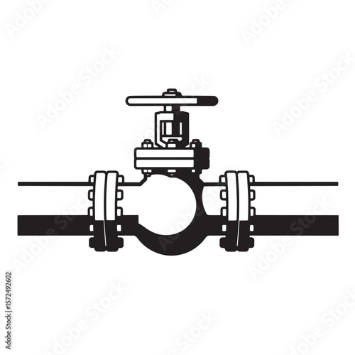 Black and white illustration of industrial pipeline valve with flanges and handwheel
